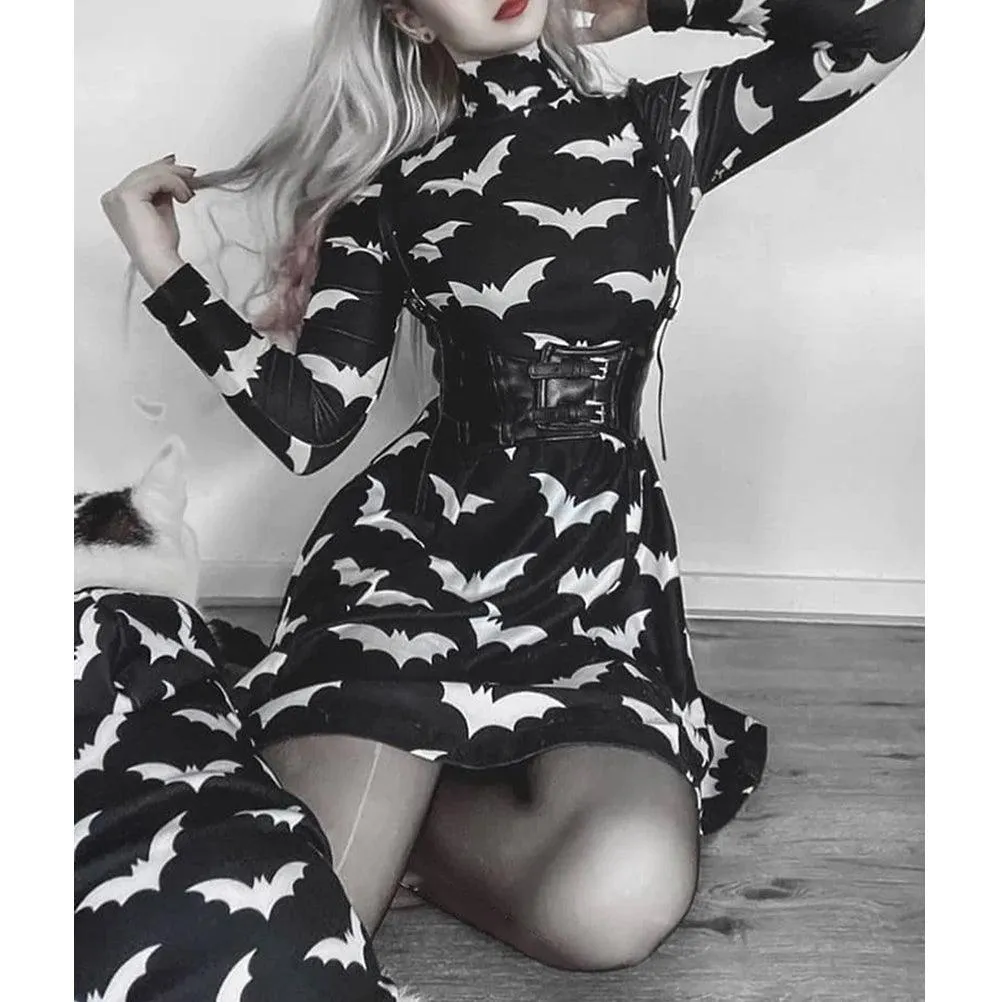 Gothic Black Bat Printed Turtleneck Dress, Beautiful Long Sleeve Vestidos For Women